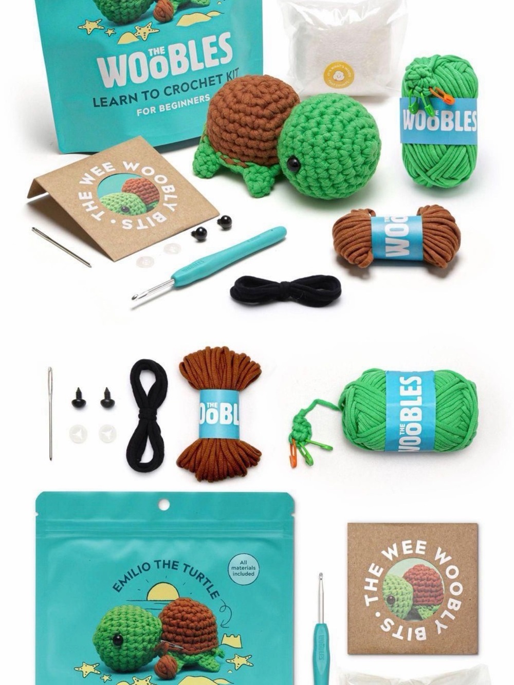 The Woobles Emilio the Turtle Crochet Kit - Green & Brown
